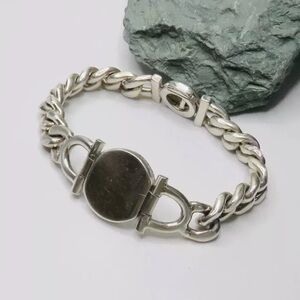 Vintage Men’s Round Engravable Chain Link Bracelet 7.25” Marked 950 Silver 70g